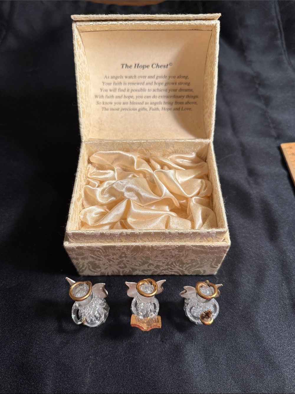 Vintage The Hope Chest Crystal Angel Trio with Presentation Box - Gold on Glass
